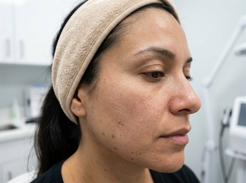 Antes del protocolo en Facial 14: piel deshidratada con poros visibles y textura irregular